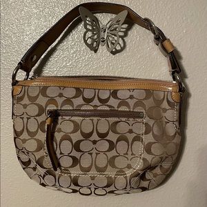 Coach Beige Signature Canvas Shoulder Bag with Tan Leather Trim